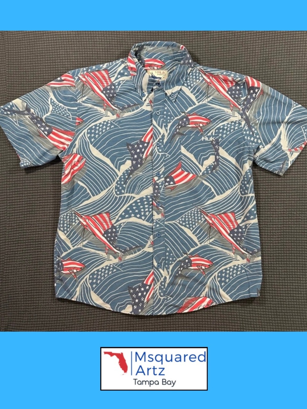 Huk Performance Fishing American Flag Patriotic Fish Button Up Shirt Mens Medium